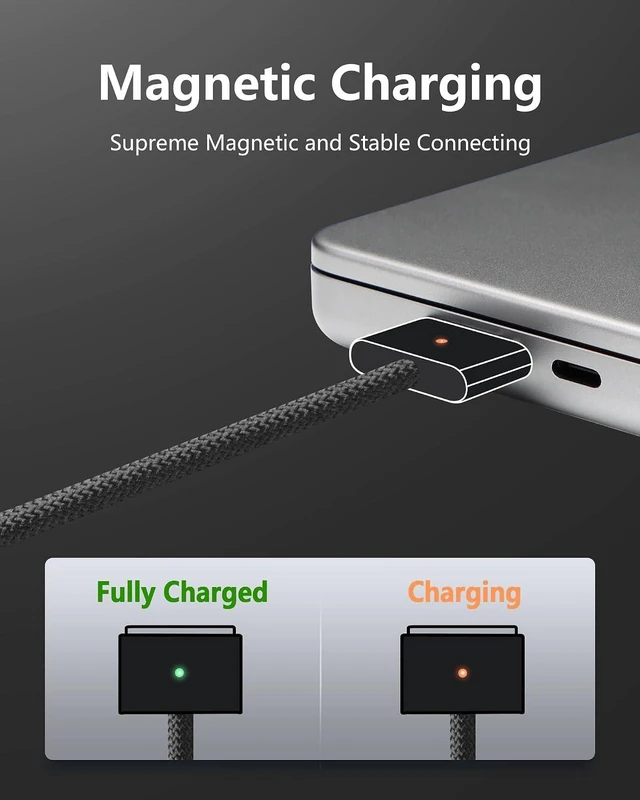 Alt view image 3 of 7 - Upgraded USB-C to Magnetic 3 Cable Compatible with MacBook Air/Pro (2021-2025), 140W Fast Charging, 6.6ft Braided Replacement Power Cord for Apple MacBook Charger, Black