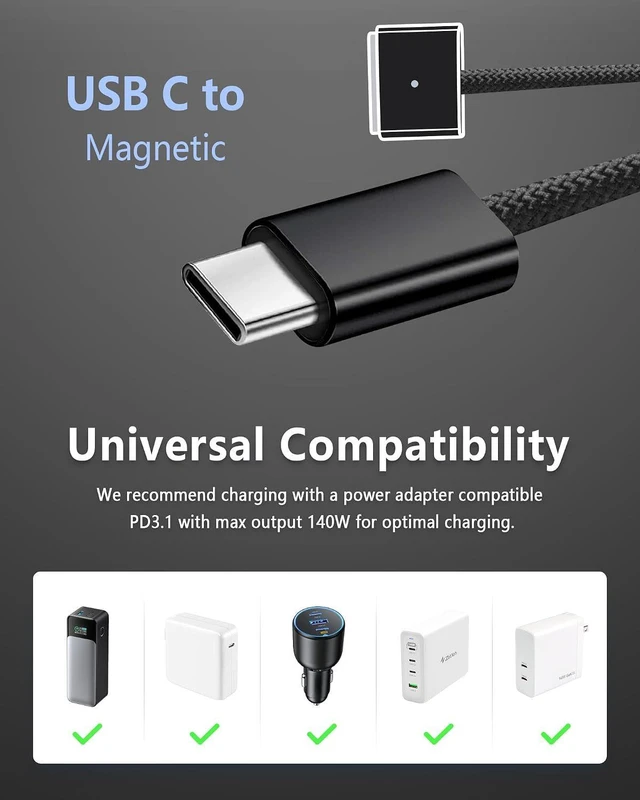 Alt view image 7 of 7 - Upgraded USB-C to Magnetic 3 Cable Compatible with MacBook Air/Pro (2021-2025), 140W Fast Charging, 6.6ft Braided Replacement Power Cord for Apple MacBook Charger, Black