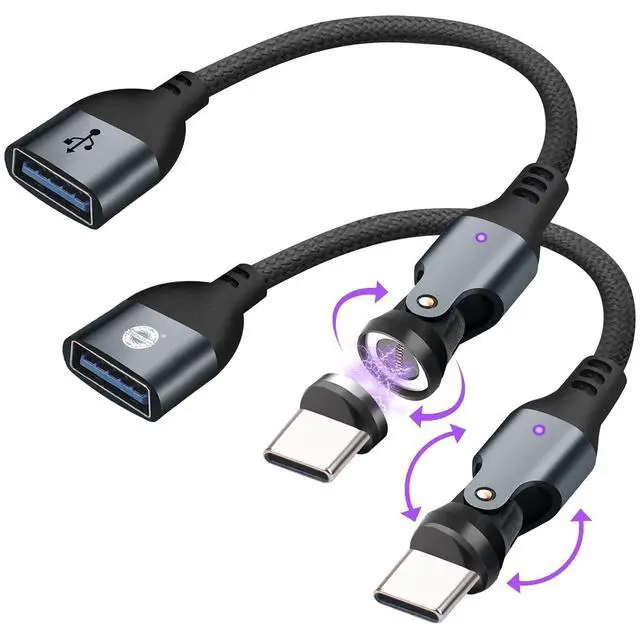 Main image of Magnetic USB A to USB C Extension Cable 10cm, 9-Pin 540° Rotation Swivel Right Angle 90 Degree Connector, 240W PD Fast Charging, E-Marker Chip, Port Protection for Phone iPad Data Transfer, 2Pack
