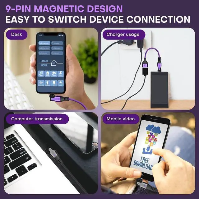 Alt view image 7 of 7 - Magnetic USB A to USB C Extension Cable 10cm, 9-Pin 540° Rotation Swivel Right Angle 90 Degree Connector, 240W PD Fast Charging, E-Marker Chip, Port Protection for Phone iPad Data Transfer, 2Pack