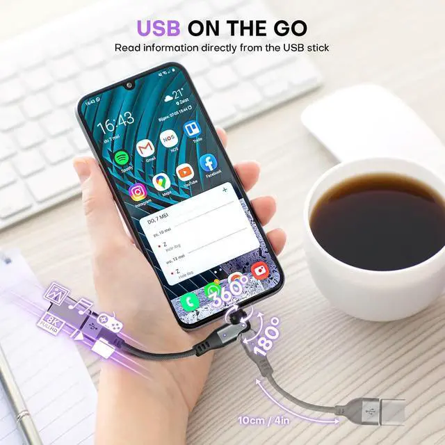 Alt view image 3 of 7 - Magnetic USB A to USB C Extension Cable 10cm, 9-Pin 540° Rotation Swivel Right Angle 90 Degree Connector, 240W PD Fast Charging, E-Marker Chip, Port Protection for Phone iPad Data Transfer, 2Pack