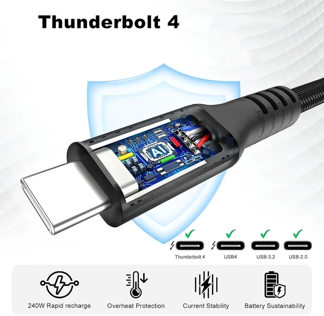 Alt view image 5 of 7 - 40Gbps Thunderbolt 4 Cable 10ft USB C to USB C Cable, 240W(5A) Charging Cord, Braided Type C Cable Compatible for Dual 8K/4K Display, USB4, SSD, eGPU, Mac Studio/mini, iPhone,Black