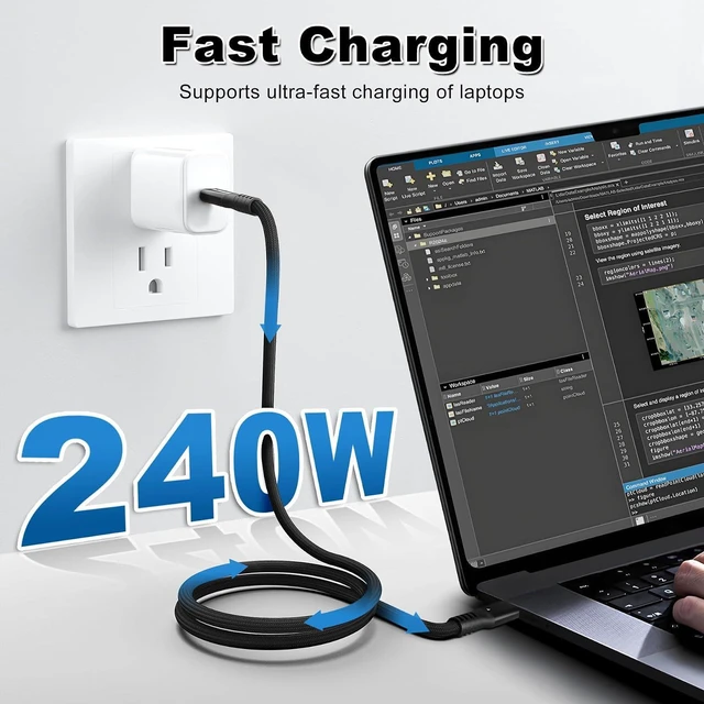 Alt view image 4 of 7 - 40Gbps Thunderbolt 4 Cable 10ft USB C to USB C Cable, 240W(5A) Charging Cord, Braided Type C Cable Compatible for Dual 8K/4K Display, USB4, SSD, eGPU, Mac Studio/mini, iPhone,Black