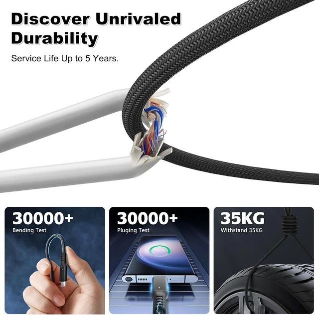Alt view image 6 of 7 - 40Gbps Thunderbolt 4 Cable 10ft USB C to USB C Cable, 240W(5A) Charging Cord, Braided Type C Cable Compatible for Dual 8K/4K Display, USB4, SSD, eGPU, Mac Studio/mini, iPhone,Black