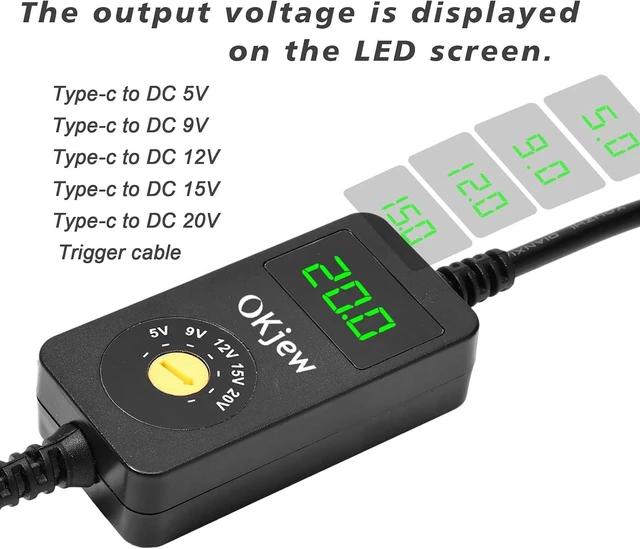 Alt view image 2 of 7 - 3.94FT USB C to DC PD Trigger Cable with 7 Connector Tips | Adjustable Voltage 5V/9V/12V/15V/20V PD Fast Charging Cable, LED Display, Type-C to DC Power Cable for Multiple Devices