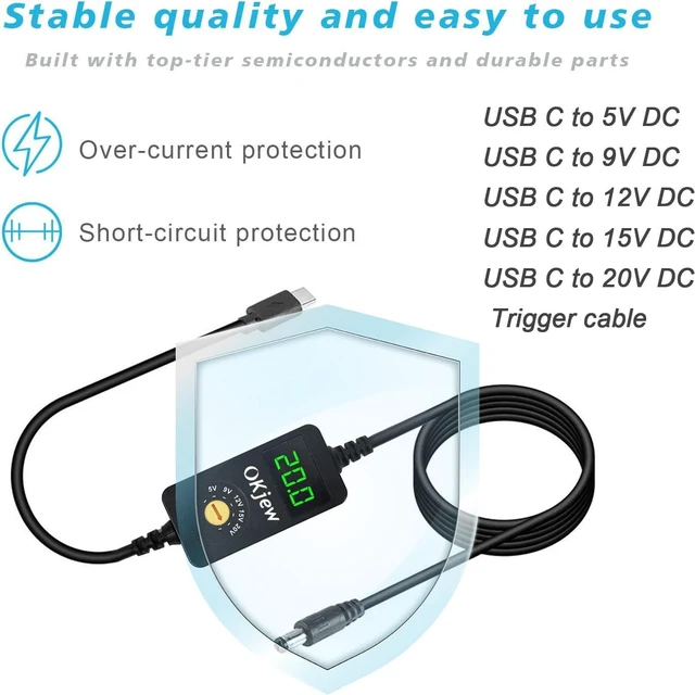 Alt view image 3 of 7 - 3.94FT USB C to DC PD Trigger Cable with 7 Connector Tips | Adjustable Voltage 5V/9V/12V/15V/20V PD Fast Charging Cable, LED Display, Type-C to DC Power Cable for Multiple Devices