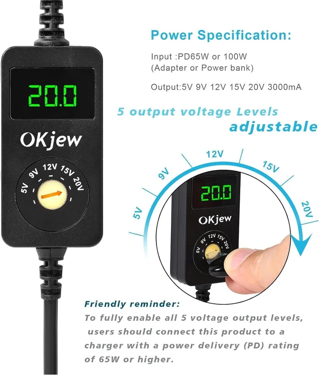 Alt view image 4 of 7 - 3.94FT USB C to DC PD Trigger Cable with 7 Connector Tips | Adjustable Voltage 5V/9V/12V/15V/20V PD Fast Charging Cable, LED Display, Type-C to DC Power Cable for Multiple Devices