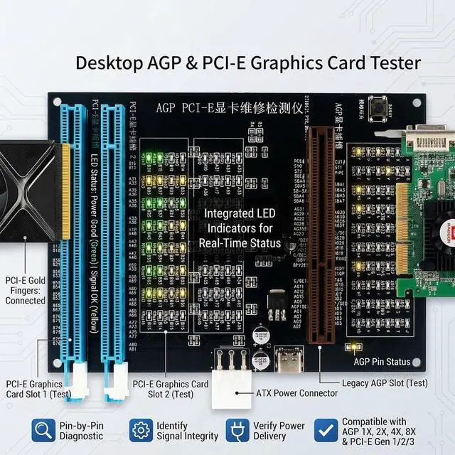 Alt view image 6 of 7 - Computer for Testing Faulty GPUs on AGP and PCIE 16X Slots with Visual Indicators AGP PCIE Diagnostic Card