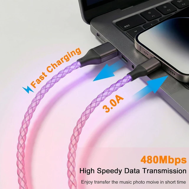 Alt view image 6 of 7 - USB C Cable, 3FT Colorful Gradual Light up Type C Charger Fast Charging Led USB Type C Cord Compatible with iPhone 17/17 Pro/16e/16/15 Pro Max,Samsung Galaxy S10 S9 S8 Plus, Note 10 9 8(Pink Purple)