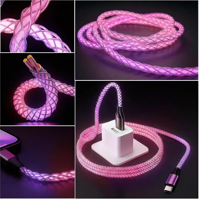Alt view image 7 of 7 - USB C Cable, 3FT Colorful Gradual Light up Type C Charger Fast Charging Led USB Type C Cord Compatible with iPhone 17/17 Pro/16e/16/15 Pro Max,Samsung Galaxy S10 S9 S8 Plus, Note 10 9 8(Pink Purple)