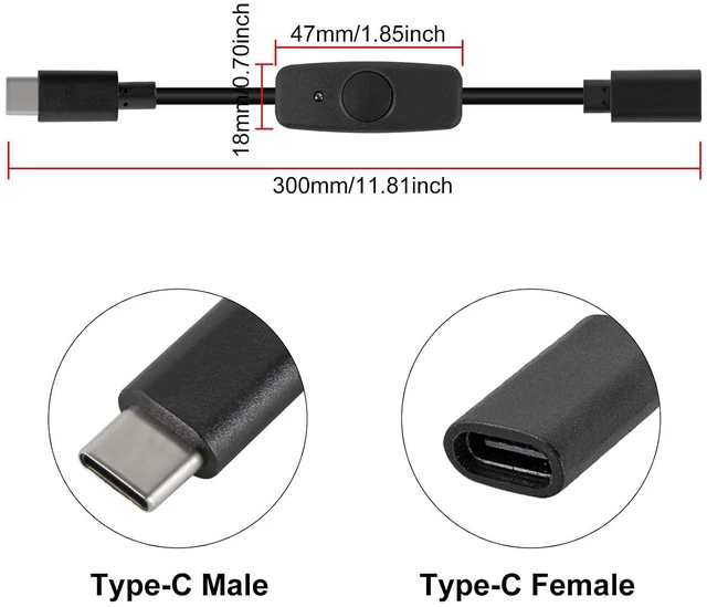 Alt view image 3 of 6 - ACEIRMC 4pcs Upgraded 28cm(11 inch) USB C Male to Female On/Off Switch Cable Short USB Extension Cable with On Off Switch for Raspberry Pi 4