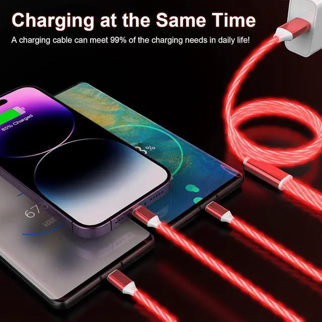 Alt view image 2 of 7 - 3-in-1 Light Up LED Flowing Lightning/Type C/Micro USB Car Glowing Charge Cable for ,Red Multi RGB Car Charger Cord for 15/14/13/12/11 Pro Max/XR/XS/SE,/Android/-4FT