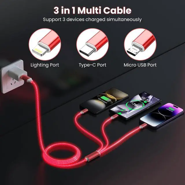 Alt view image 3 of 7 - 3-in-1 Light Up LED Flowing Lightning/Type C/Micro USB Car Glowing Charge Cable for ,Red Multi RGB Car Charger Cord for 15/14/13/12/11 Pro Max/XR/XS/SE,/Android/-4FT