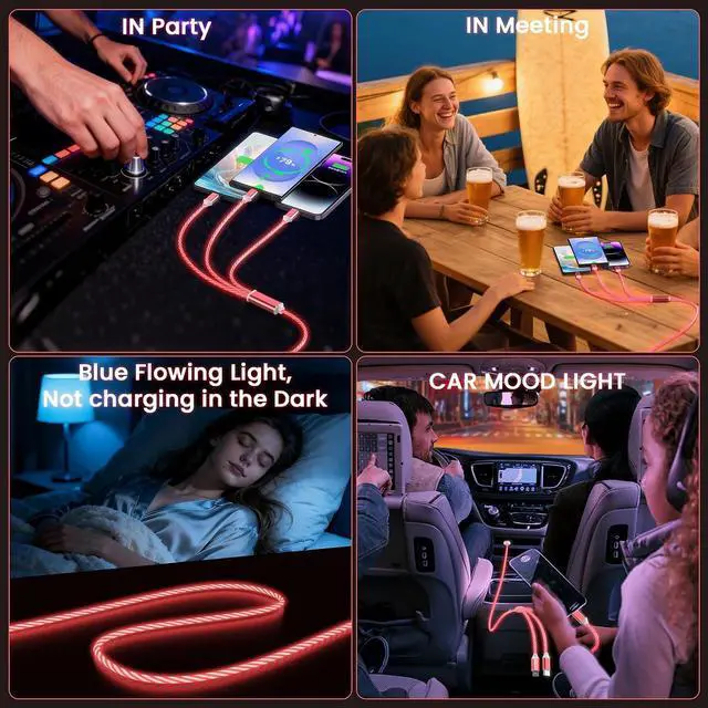 Alt view image 7 of 7 - 3-in-1 Light Up LED Flowing Lightning/Type C/Micro USB Car Glowing Charge Cable for ,Red Multi RGB Car Charger Cord for 15/14/13/12/11 Pro Max/XR/XS/SE,/Android/-4FT