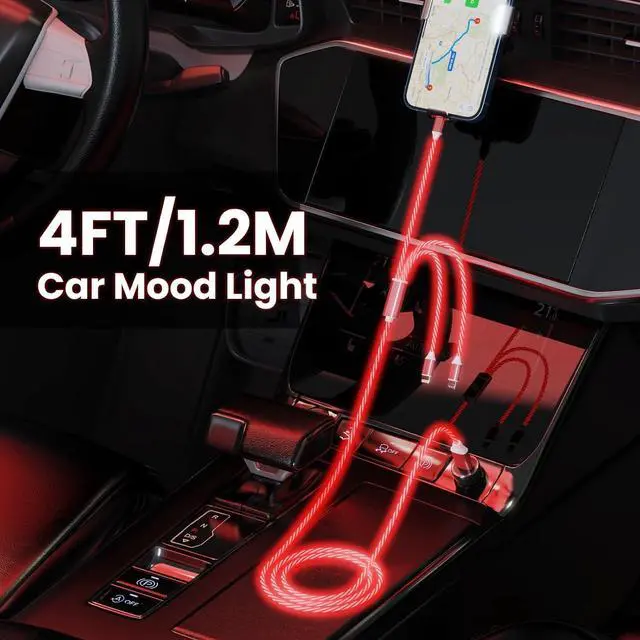 Alt view image 4 of 7 - 3-in-1 Light Up LED Flowing Lightning/Type C/Micro USB Car Glowing Charge Cable for ,Red Multi RGB Car Charger Cord for 15/14/13/12/11 Pro Max/XR/XS/SE,/Android/-4FT
