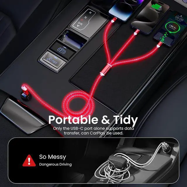 Alt view image 6 of 7 - 3-in-1 Light Up LED Flowing Lightning/Type C/Micro USB Car Glowing Charge Cable for ,Red Multi RGB Car Charger Cord for 15/14/13/12/11 Pro Max/XR/XS/SE,/Android/-4FT