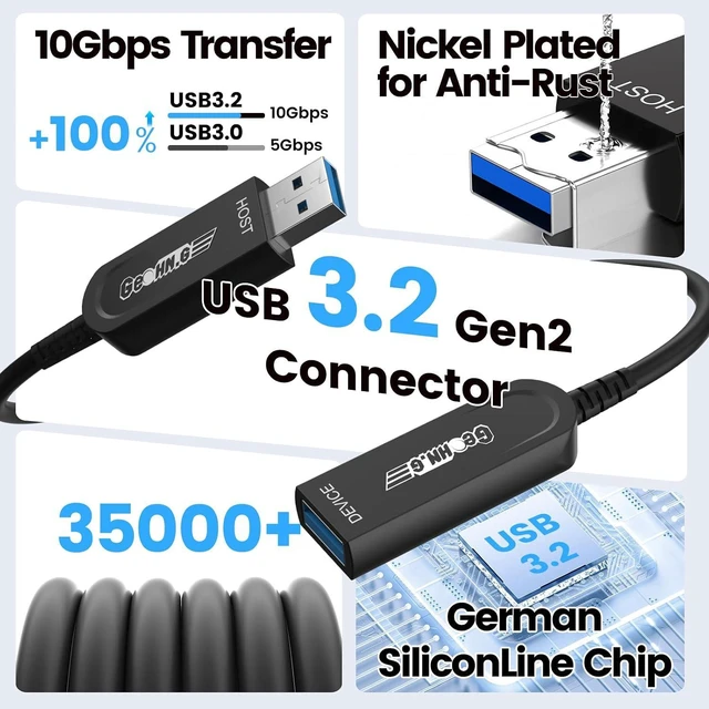 Alt view image 2 of 7 - Fiber Optic USB 3.2 Extension Cable 33FT, 10Gbps Type A Male to Female Ultra Long Distance Extender for Business Solutions,Video Conference,Webcam,3D Scanning,Machine Vision,Card Reader,Hard Drive