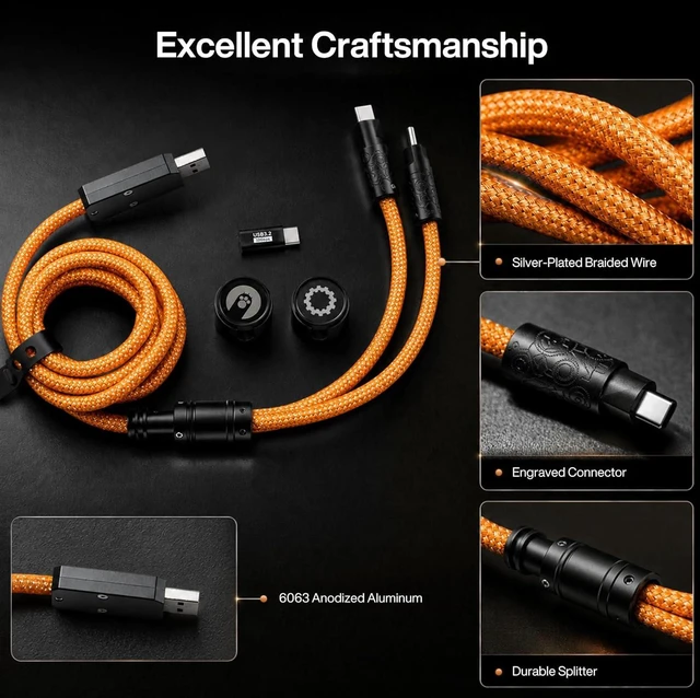 Alt view image 5 of 7 - Angry miao Split Dual 8K Gaming Cable AM Edition (4.6ft), High-Speed Dual Connection, Low Latency, Compatible with USB Type-C Devices, Durable Mesh Silver-Plated Wire - Starburst Orange