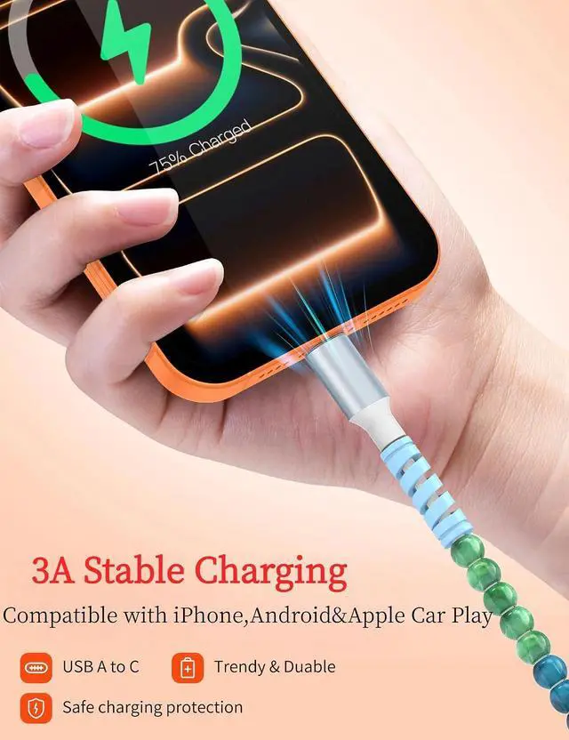 Alt view image 3 of 7 - USB A to USB C Charger Cable 6FT Beaded Charging Cord for iPhone 17 16 Pro Max Plus 15,27W Cute Type C Car Charger Cord&Carplay for iPhone iPad 10 A16 11th Samsung S25 S24 S23 Pixel Android,Blue-Green
