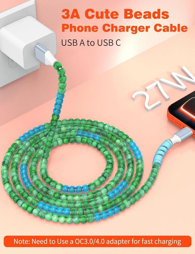 Alt view image 2 of 7 - USB A to USB C Charger Cable 6FT Beaded Charging Cord for iPhone 17 16 Pro Max Plus 15,27W Cute Type C Car Charger Cord&Carplay for iPhone iPad 10 A16 11th Samsung S25 S24 S23 Pixel Android,Blue-Green