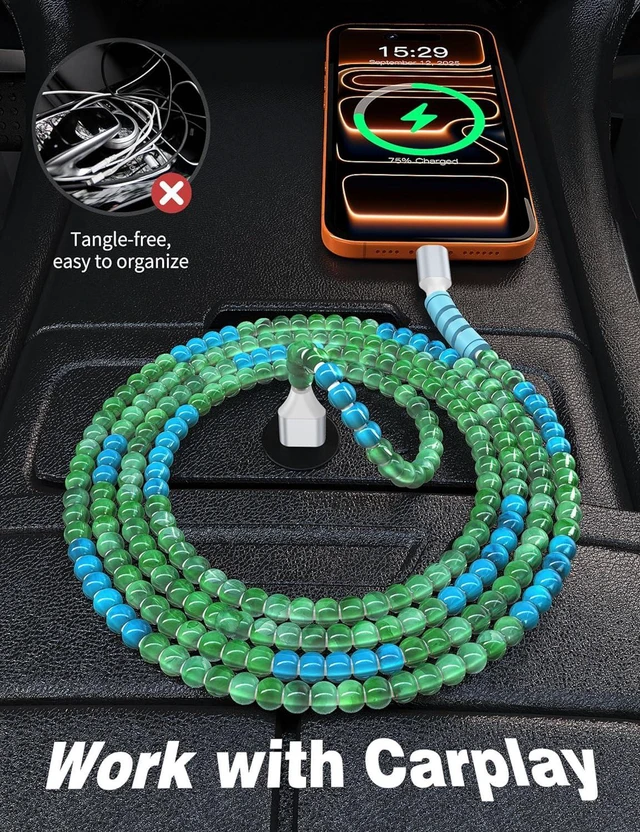Alt view image 5 of 7 - USB A to USB C Charger Cable 6FT Beaded Charging Cord for iPhone 17 16 Pro Max Plus 15,27W Cute Type C Car Charger Cord&Carplay for iPhone iPad 10 A16 11th Samsung S25 S24 S23 Pixel Android,Blue-Green