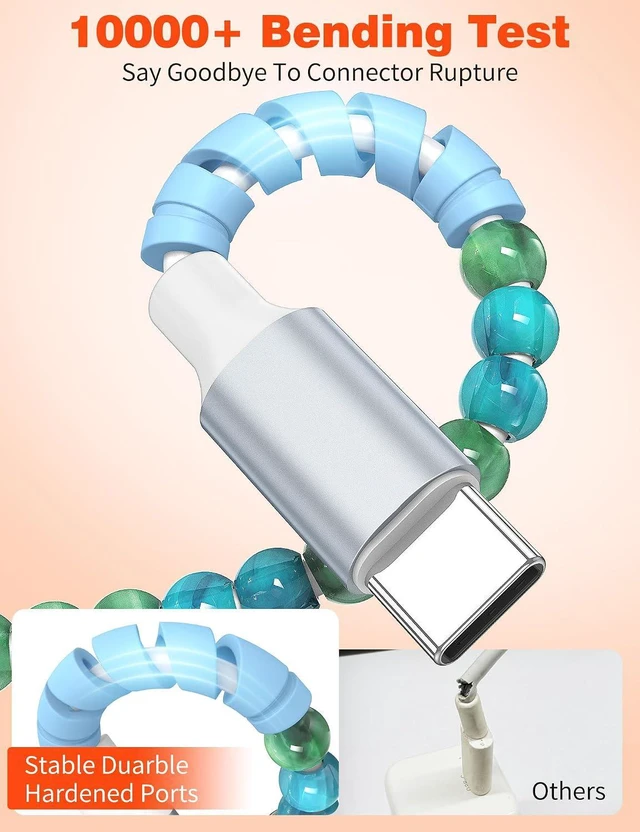 Alt view image 4 of 7 - USB A to USB C Charger Cable 6FT Beaded Charging Cord for iPhone 17 16 Pro Max Plus 15,27W Cute Type C Car Charger Cord&Carplay for iPhone iPad 10 A16 11th Samsung S25 S24 S23 Pixel Android,Blue-Green