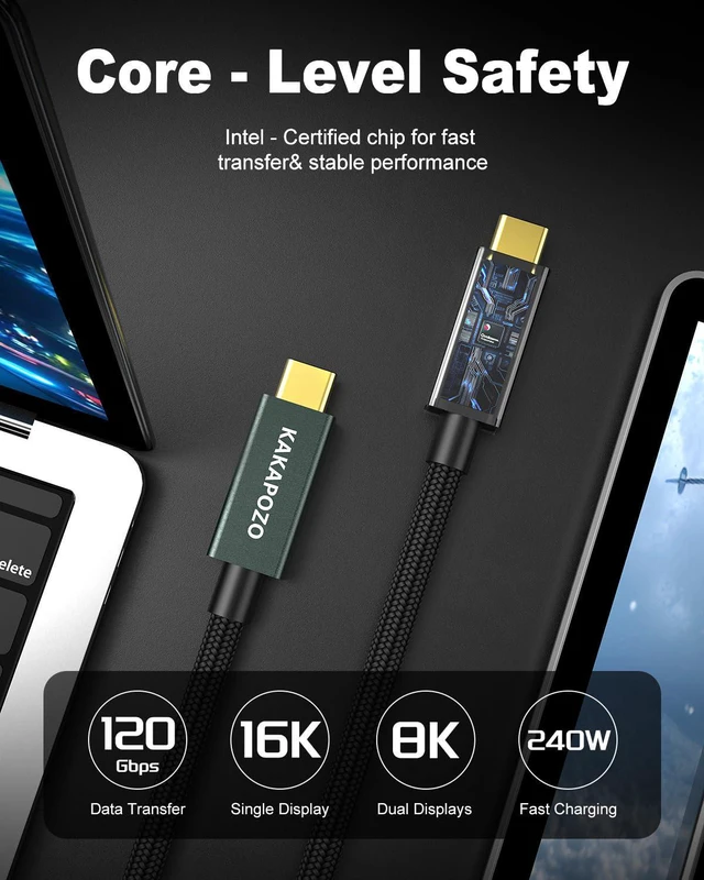 Alt view image 5 of 7 - USB 4 Cable for Thunderbolt 5 Cable 6.6ft, 120Gbps Dynamic Data Transfer, 240W Fast Charging, 16K/Dual 8K/4K Video Display for Monitor, Compatible with MacBook, iPhone 17/16, eGPU, SSD & Dock