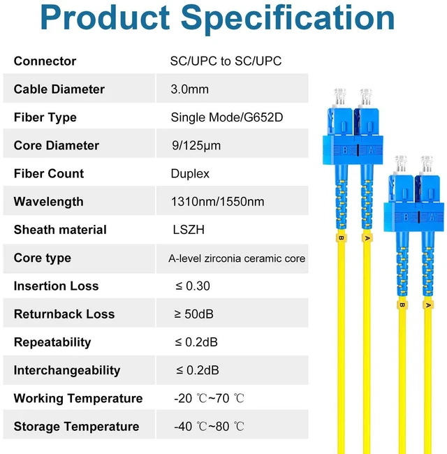 Alt view image 7 of 7 - 5Pcs 3 Meter Fiber Optic Patch Cord SC UPC to SC UPC, Duplex Single Mode Fiber Cable Jumper OS2 G652D 9/125m, 1310nm/1550nm LSZH 3.0mm