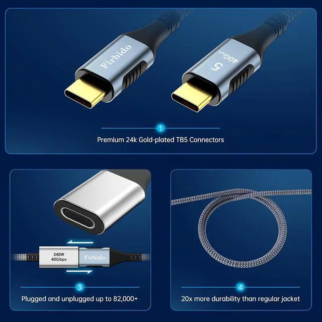 Alt view image 3 of 7 - 10FT for Thunderbolt 5 Cable, High Speed 40Gbps, PD 240W, 8K@60Hz, 4K@144Hz, USB4 V2 Cable, USB C Display Cable for Thunderbolt 4, Mac mini M4, iPhone 17, Razer Blade, ACASIS SSD