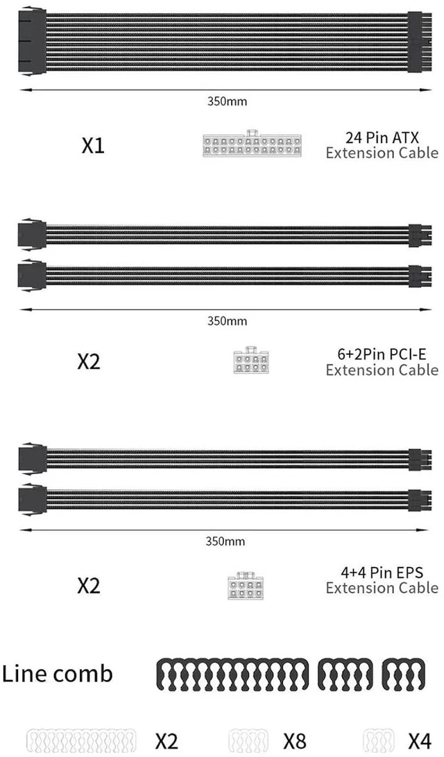Alt view image 4 of 7 - PC Power Supply Sleeved Cable Extension Set 35CM 24Pin PCIE 8Pin CPU 4+4Pin Extensions With Cable Combs Set Black