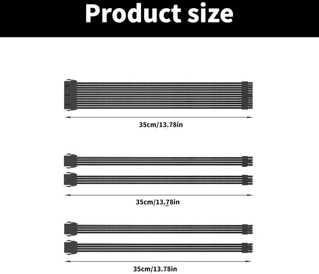 Alt view image 6 of 7 - PC Power Supply Sleeved Cable Extension Set 35CM 24Pin PCIE 8Pin CPU 4+4Pin Extensions With Cable Combs Set Black