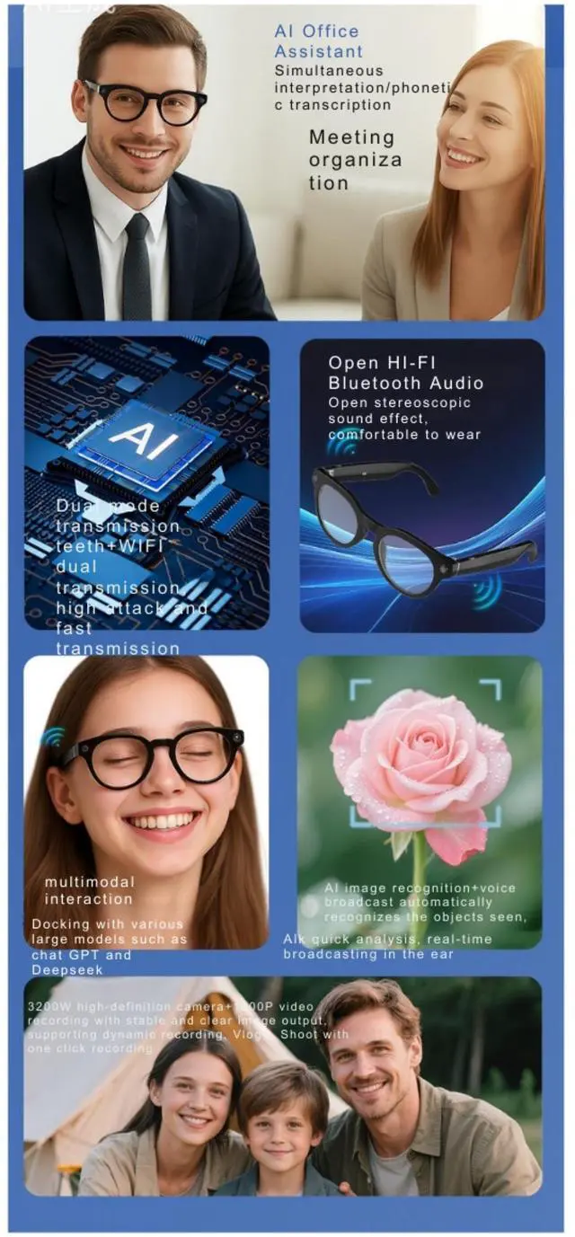 Alt view image 6 of 7 - V03-T6 New AI Smart Glasses with 8MP HD Camera, Image Translation, Video Call, and High-Tech Photo Function