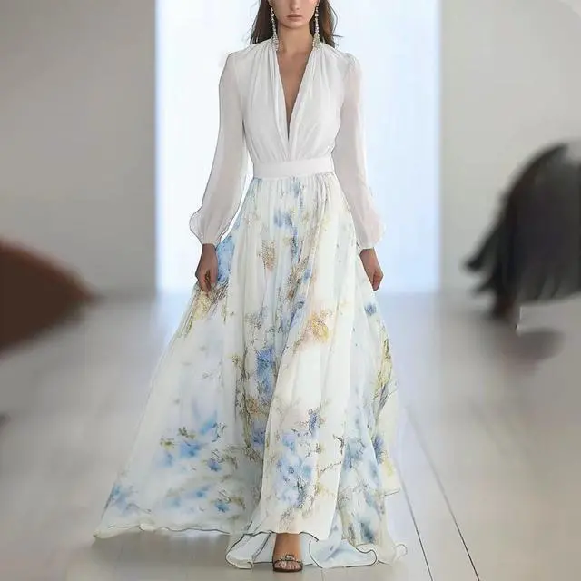 Alt view image 2 of 3 - New style European-style dress with printed pattern, long sleeves, V-neck, and patchwork design.