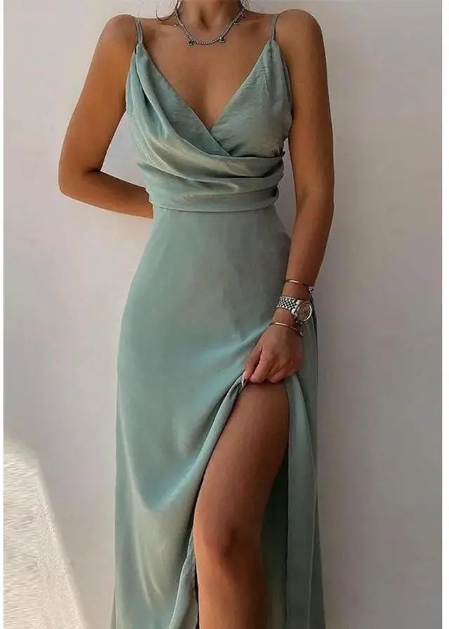 Main image of European-style printed summer halter-neck V-neck slip dress with slit opening