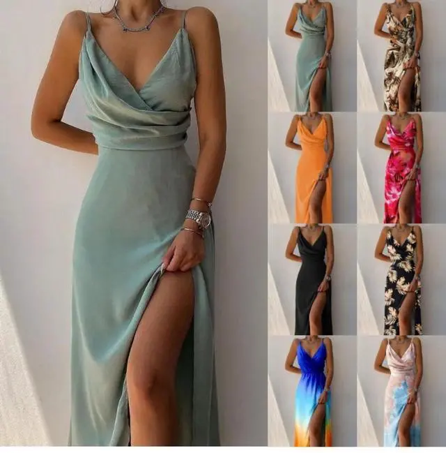 Alt view image 2 of 3 - European-style printed summer halter-neck V-neck slip dress with slit opening