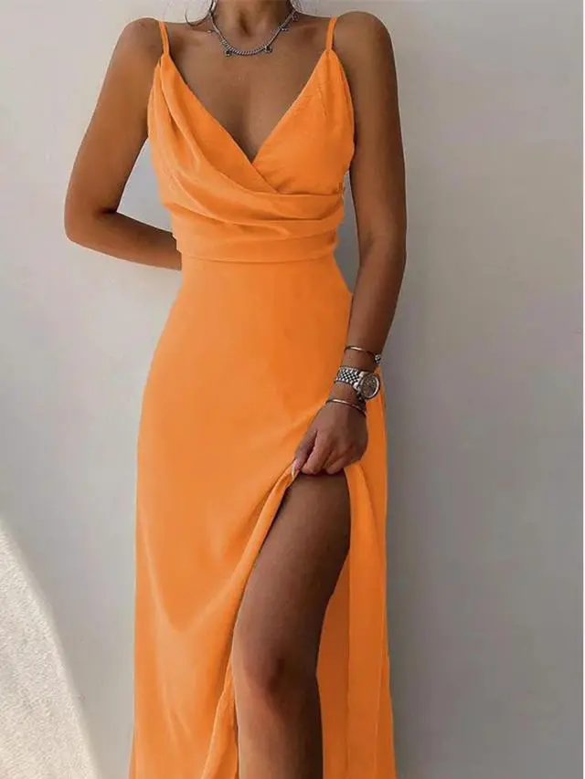 Main image of European-style printed summer halter-neck V-neck slip dress with slit opening
