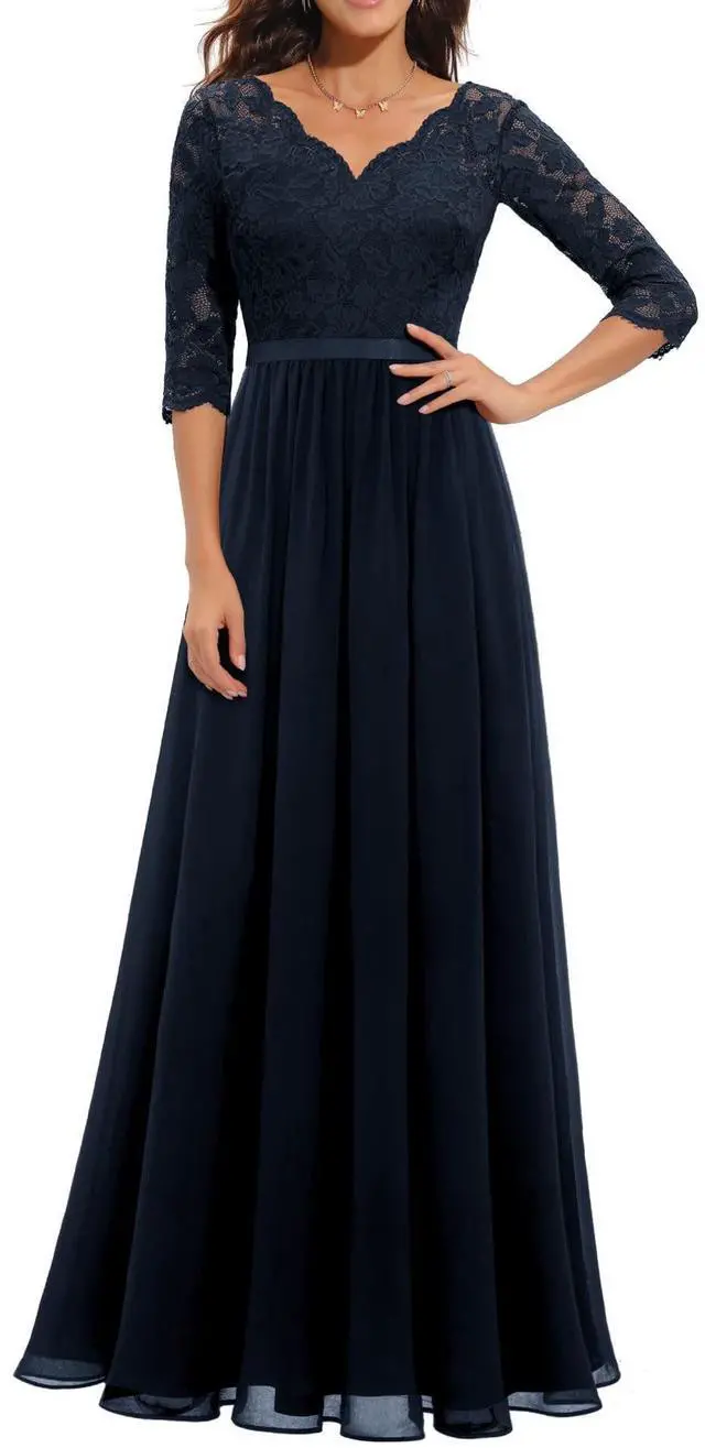 Main image of 6-color 5-size new European and American best-selling lace-trimmed long-sleeve waist-cinching elegant dress