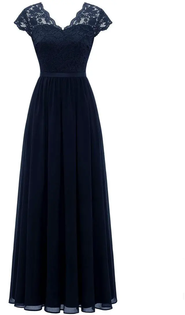 Main image of 6-color 5-size new European and American best-selling lace-trimmed long-sleeve waist-cinching elegant dress