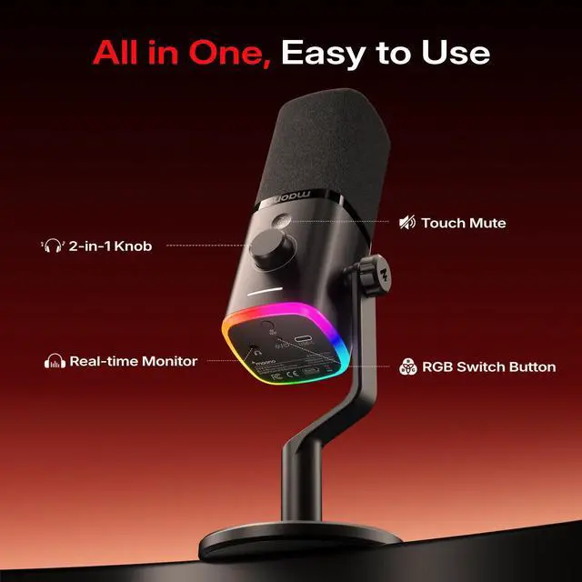 Alt view image 5 of 7 - MAONO PD100W Wireless USB Dynamic Microphone, Gaming PC Mic with One-Click Noise Reduction, Mute Button, Custom RGB,3.5mm Headphone Jack, Software, Podcast Streaming Mic