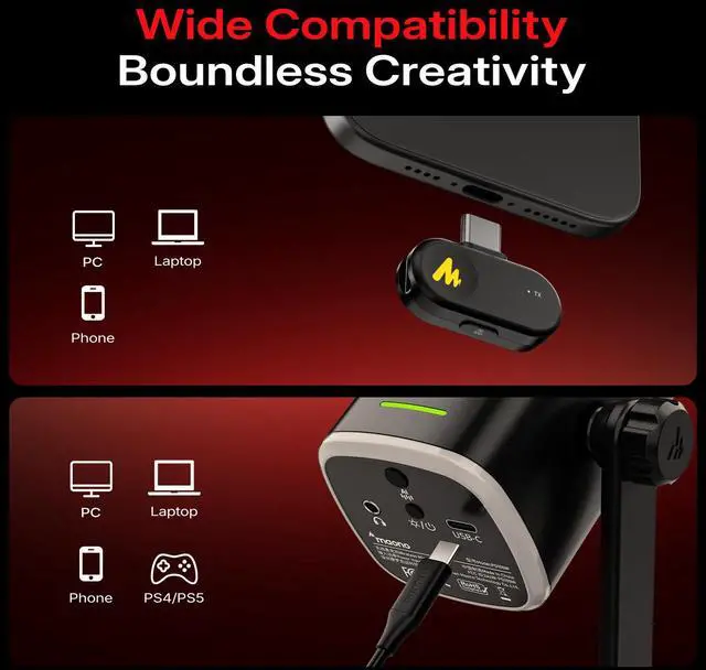 Alt view image 6 of 7 - MAONO PD100W Wireless USB Dynamic Microphone, Gaming PC Mic with One-Click Noise Reduction, Mute Button, Custom RGB,3.5mm Headphone Jack, Software, Podcast Streaming Mic