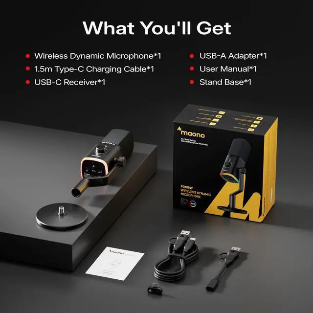 Alt view image 7 of 7 - MAONO PD100W Wireless USB Dynamic Microphone, Gaming PC Mic with One-Click Noise Reduction, Mute Button, Custom RGB,3.5mm Headphone Jack, Software, Podcast Streaming Mic