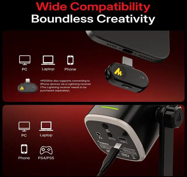 Alt view image 3 of 7 - MAONO PD100W Wireless Dynamic Gaming Microphone for PC with USB-C Receiver | One-Click Noise Reduction,Custom RGB,Mute,Monitoring, Companion App,Boom Mic Set for Game Streaming Discord Podcasting
