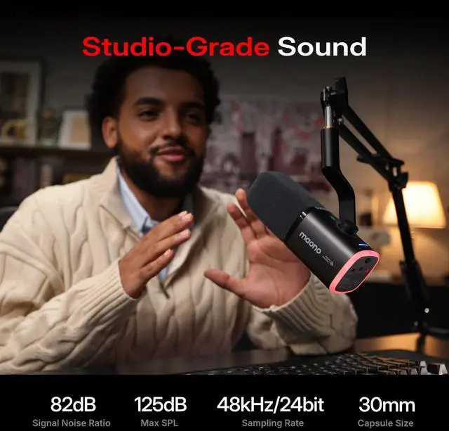 Alt view image 4 of 7 - MAONO PD100W Wireless Dynamic Gaming Microphone for PC with USB-C Receiver | One-Click Noise Reduction,Custom RGB,Mute,Monitoring, Companion App,Boom Mic Set for Game Streaming Discord Podcasting