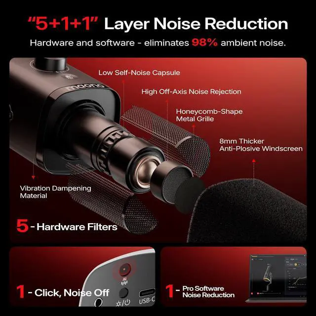 Alt view image 5 of 7 - MAONO PD100W Wireless Dynamic Gaming Microphone for PC with USB-C Receiver | One-Click Noise Reduction,Custom RGB,Mute,Monitoring, Companion App,Boom Mic Set for Game Streaming Discord Podcasting