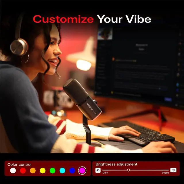 Alt view image 6 of 7 - MAONO PD100W Wireless Dynamic Gaming Microphone for PC with USB-C Receiver | One-Click Noise Reduction,Custom RGB,Mute,Monitoring, Companion App,Boom Mic Set for Game Streaming Discord Podcasting