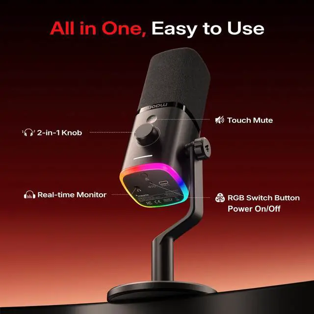 Alt view image 7 of 7 - MAONO PD100W Wireless Dynamic Gaming Microphone for PC with USB-C Receiver | One-Click Noise Reduction,Custom RGB,Mute,Monitoring, Companion App,Boom Mic Set for Game Streaming Discord Podcasting