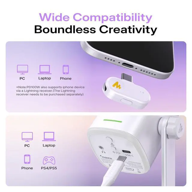Alt view image 4 of 7 - MAONO PD100W Wireless Dynamic Gaming Microphone for PC with USB-C Receiver | One-Click Noise Reduction,Custom RGB,Mute,Monitoring, Companion App,Boom Mic Set for Game Streaming Discord Podcasting