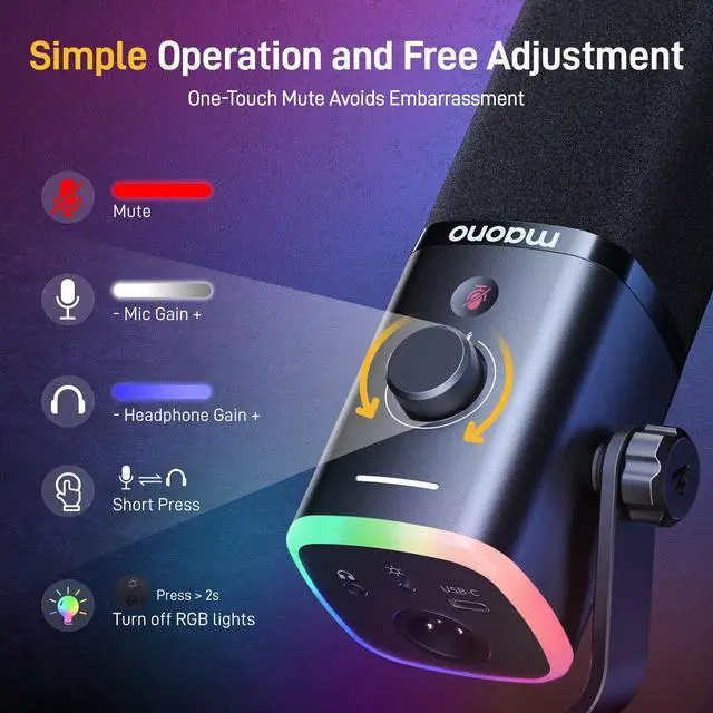 Alt view image 4 of 7 - MAONO XLR/USB Gaming Microphone for PC, Dynamic Computer Mic for Streaming Podcasting, Noise Reduction, Mute, Volume Control, RGB Boom Mic for Vocal Recording,Voice-Over, PD100XS Black