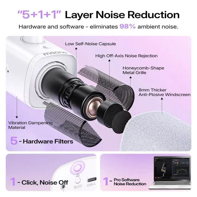 Alt view image 5 of 7 - MAONO PD100W Wireless Dynamic Gaming Microphone for PC with USB-C Receiver | One-Click Noise Reduction,Custom RGB,Mute,Monitoring, Companion App,Boom Mic Set for Game Streaming Discord Podcasting