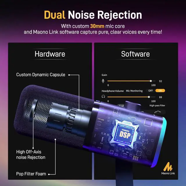 Alt view image 5 of 7 - MAONO XLR/USB Gaming Microphone for PC, Dynamic Computer Mic for Streaming Podcasting, Noise Reduction, Mute, Volume Control, RGB Boom Mic for Vocal Recording,Voice-Over, PD100XS Black